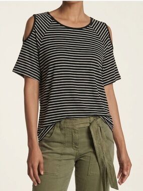 Anne Klein Black & White Striped Cold Shoulder Top Women’s Medium